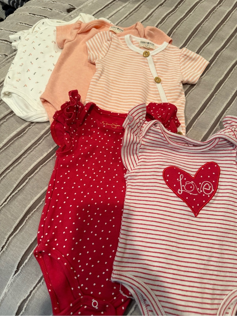 Jessica Simpson Red and Peach Striped & Polka Dot Baby Onesies